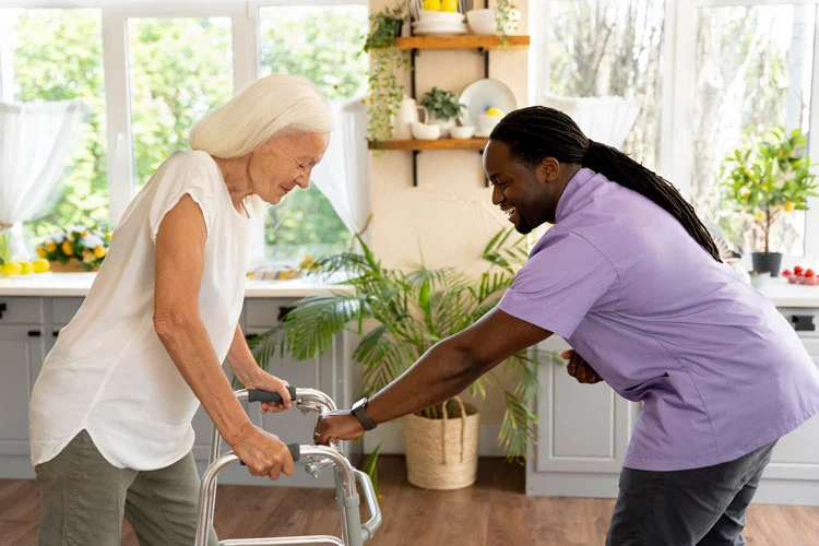 social worker helping old woman